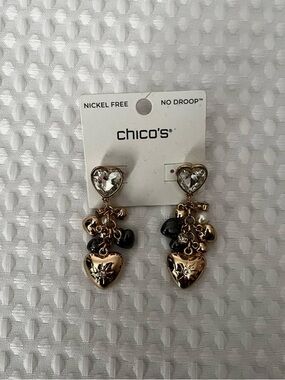Chico's Gold and Black Heart Drop Earrings with Crystal Studs